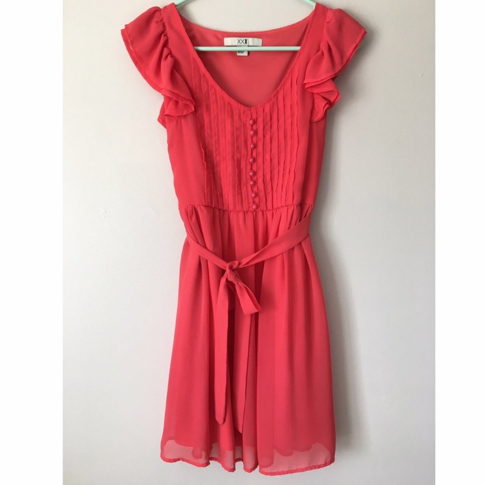 Forever 21 Coral Ruffle Sleeve Dress
